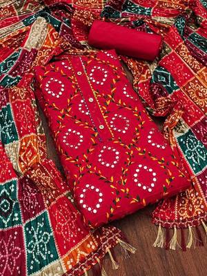 ethnic motifs embroidered mirror work bandhani unstitched dress material 2