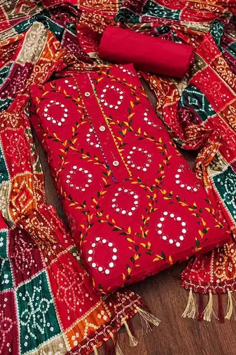 ethnic motifs embroidered mirror work bandhani unstitched dress material