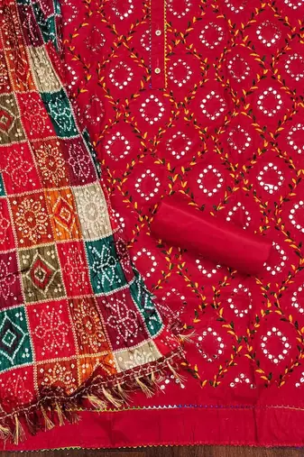 ethnic motifs embroidered mirror work bandhani unstitched dress material