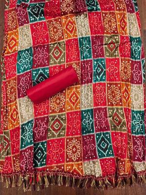 ethnic motifs embroidered mirror work bandhani unstitched dress material 4