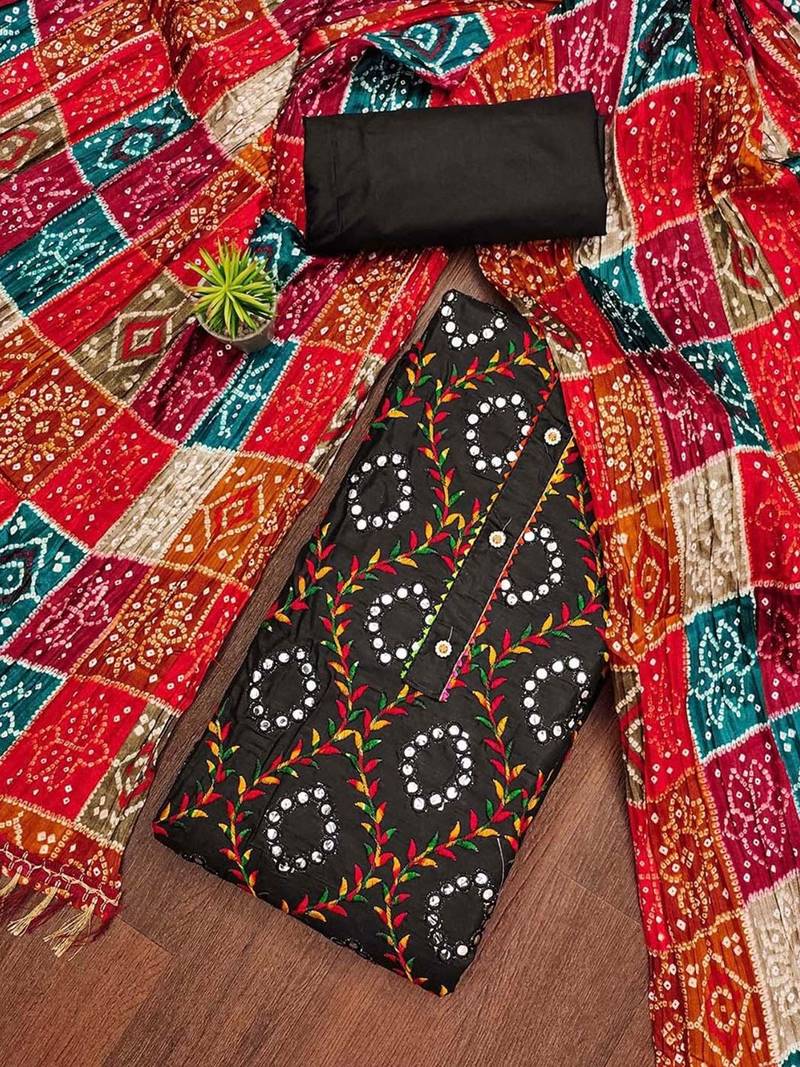 ethnic motifs embroidered mirror work bandhani unstitched dress material