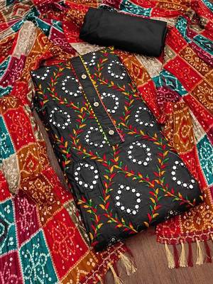 ethnic motifs embroidered mirror work bandhani unstitched dress material 2