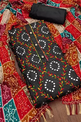 ethnic motifs embroidered mirror work bandhani unstitched dress material