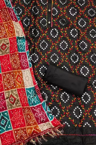 ethnic motifs embroidered mirror work bandhani unstitched dress material