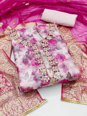 floral printed thread work organza unstitched dress material 1