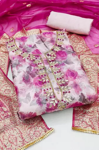 floral printed thread work organza unstitched dress material