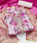 floral printed thread work organza unstitched dress material