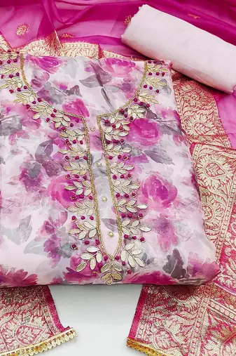 floral printed thread work organza unstitched dress material
