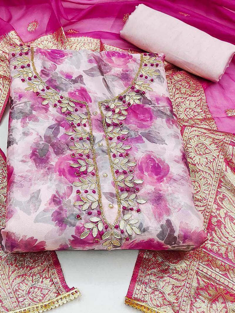 floral printed thread work organza unstitched dress material