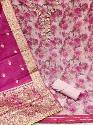 floral printed thread work organza unstitched dress material 3