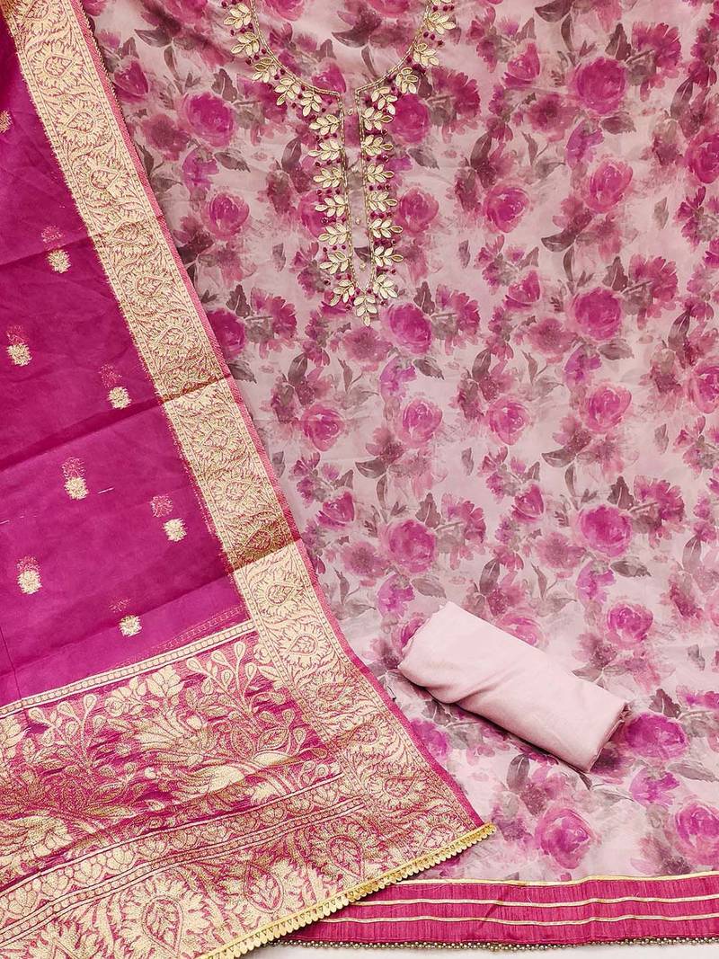 floral printed thread work organza unstitched dress material