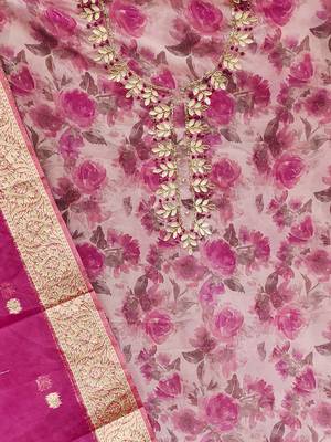 floral printed thread work organza unstitched dress material 4