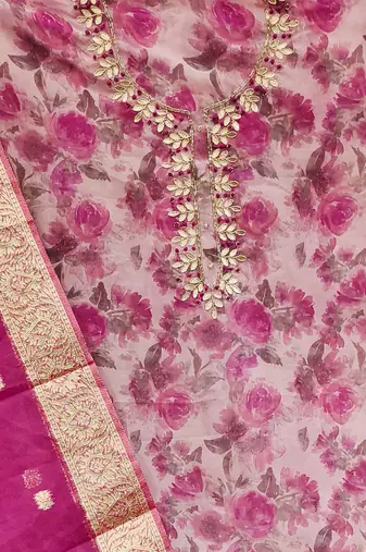 floral printed thread work organza unstitched dress material