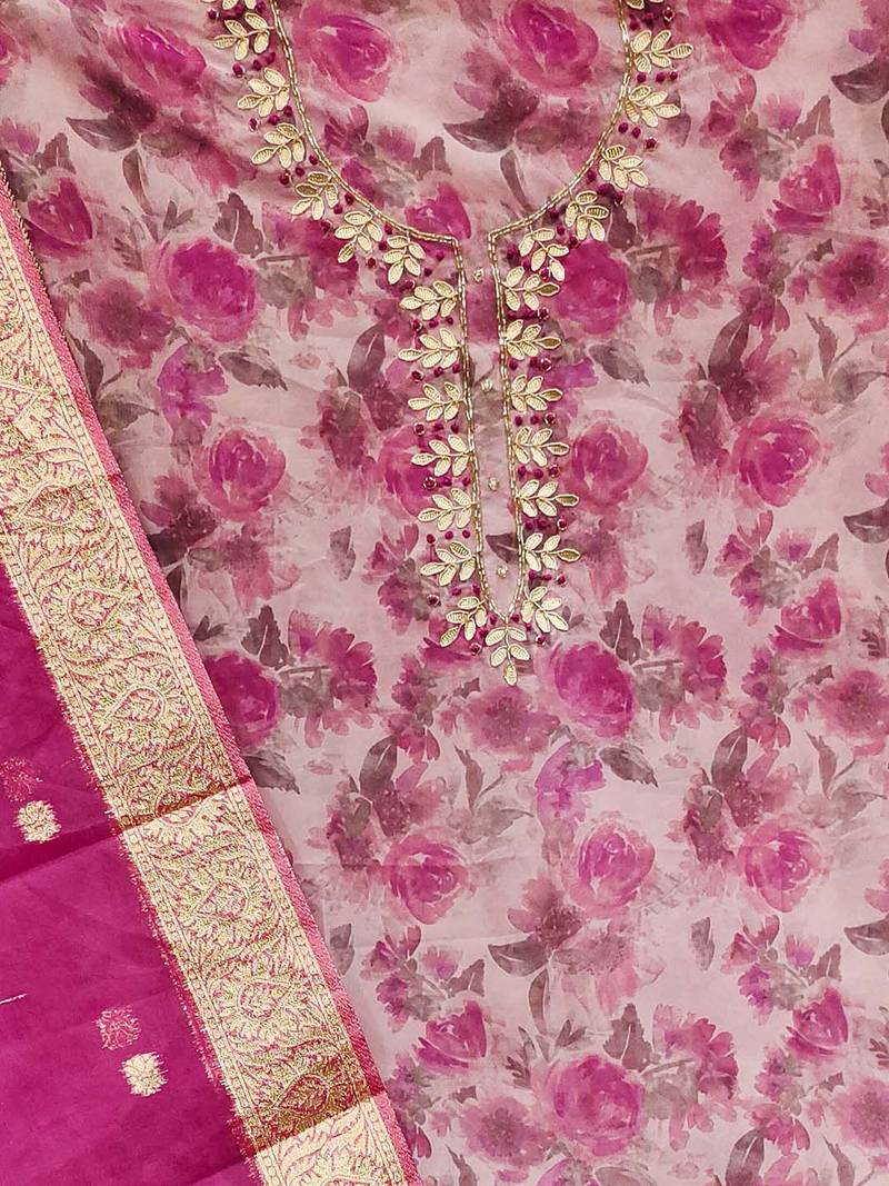floral printed thread work organza unstitched dress material