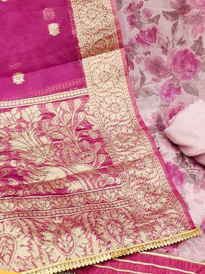 floral printed thread work organza unstitched dress material 5