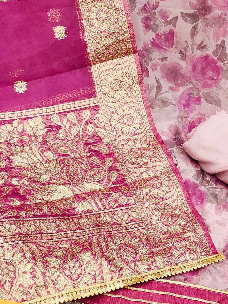 floral printed thread work organza unstitched dress material