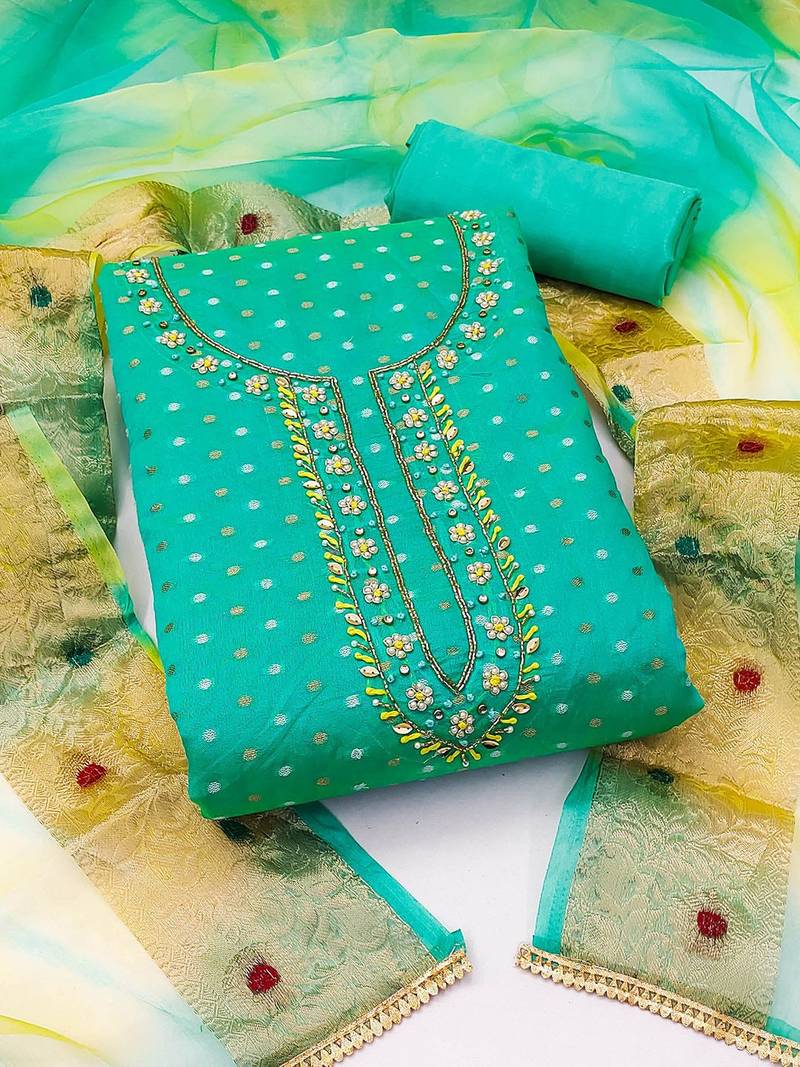 polka dot woven design stones & beads unstitched dress material