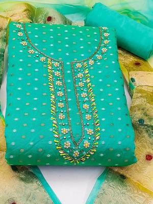polka dot woven design stones & beads unstitched dress material 2