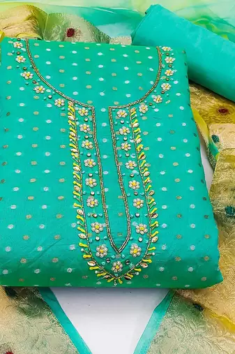 polka dot woven design stones & beads unstitched dress material