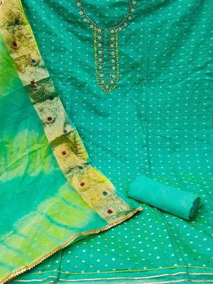 polka dot woven design stones & beads unstitched dress material 3