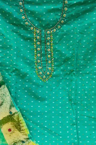 polka dot woven design stones & beads unstitched dress material