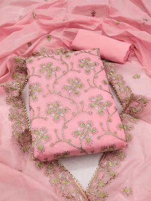 floral embroidered art silk unstitched dress material 1