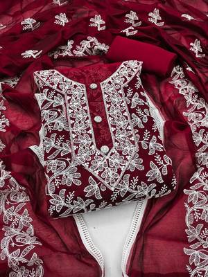 floral embroidered chanderi silk unstitched dress material 1