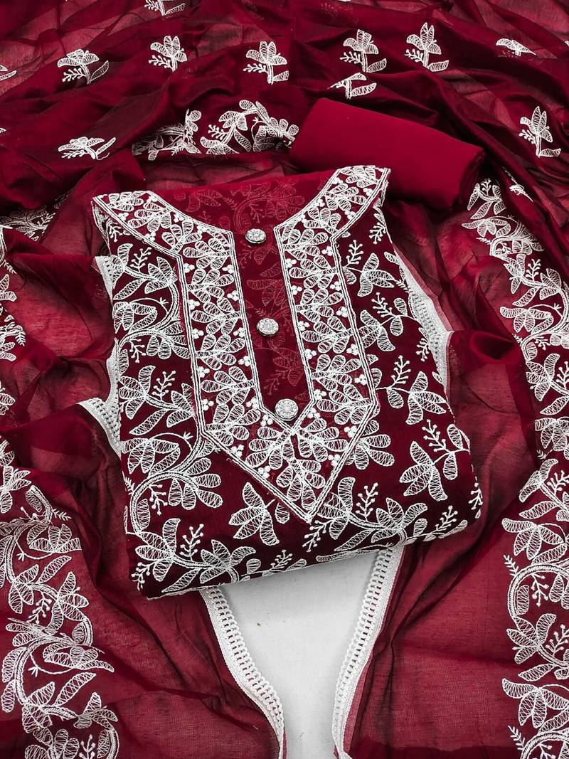 floral embroidered chanderi silk unstitched dress material