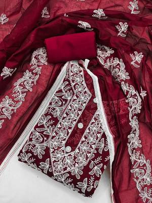 floral embroidered chanderi silk unstitched dress material 2