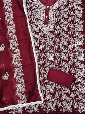 floral embroidered chanderi silk unstitched dress material 3