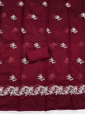 floral embroidered chanderi silk unstitched dress material 4