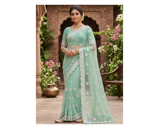 new designer fancy sea green net sequence work saree 1