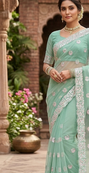 new designer fancy sea green net sequence work saree