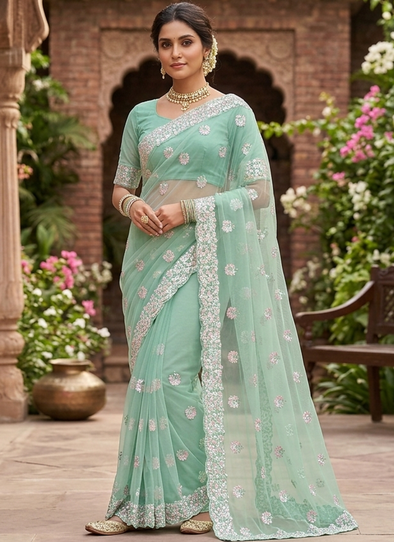 new designer fancy sea green net sequence work saree
