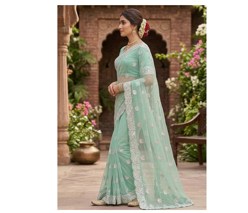 new designer fancy sea green net sequence work saree 2