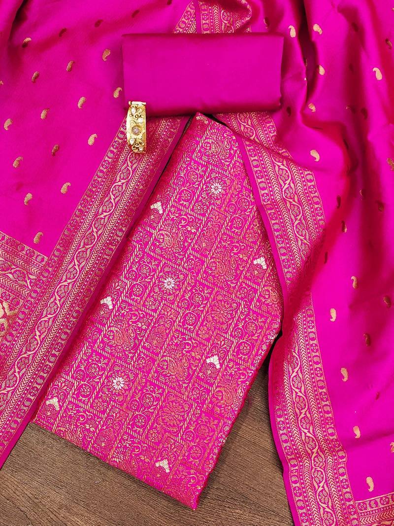 floral woven design zari work jacquard silk unstitched dress material