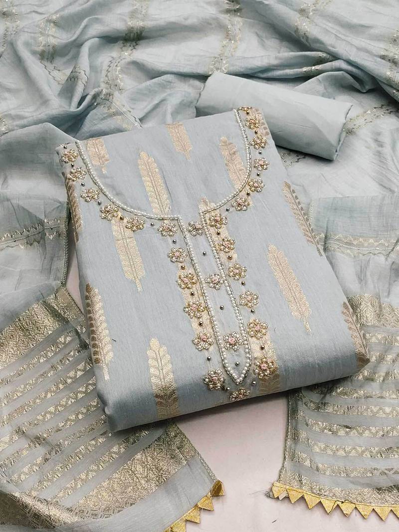 woven design beads & stone banarasi jacquard unstitched dress material