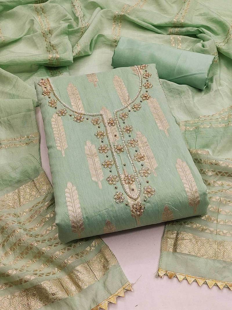 woven design beads & stone banarasi jacquard unstitched dress material