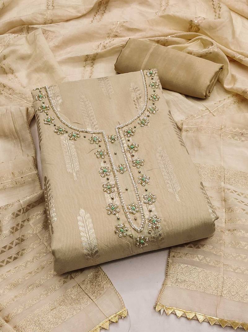 woven design beads & stone banarasi jacquard unstitched dress material