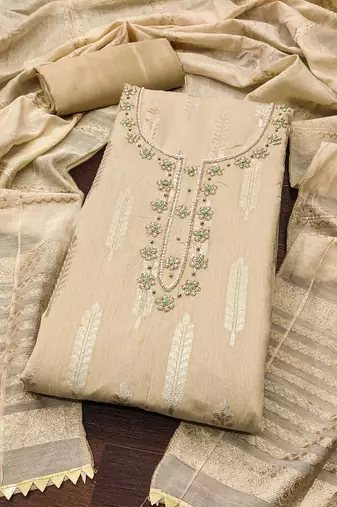 woven design beads & stone banarasi jacquard unstitched dress material