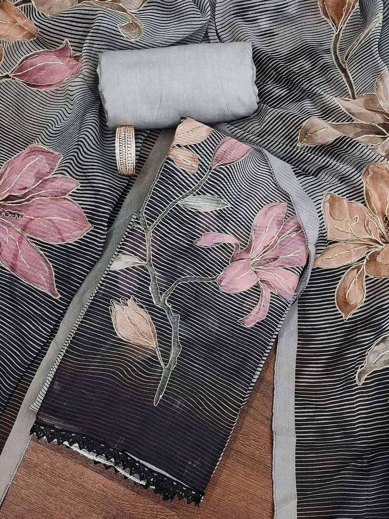 printed organza semi-stitched dress material