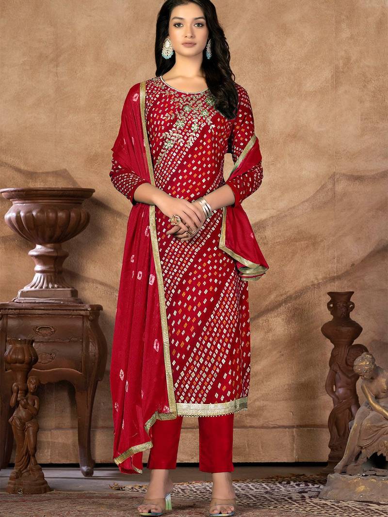 embellished bandhani printed unstitched dress material