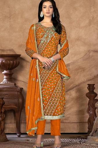 bandhani printed sequinned unstitched dress material
