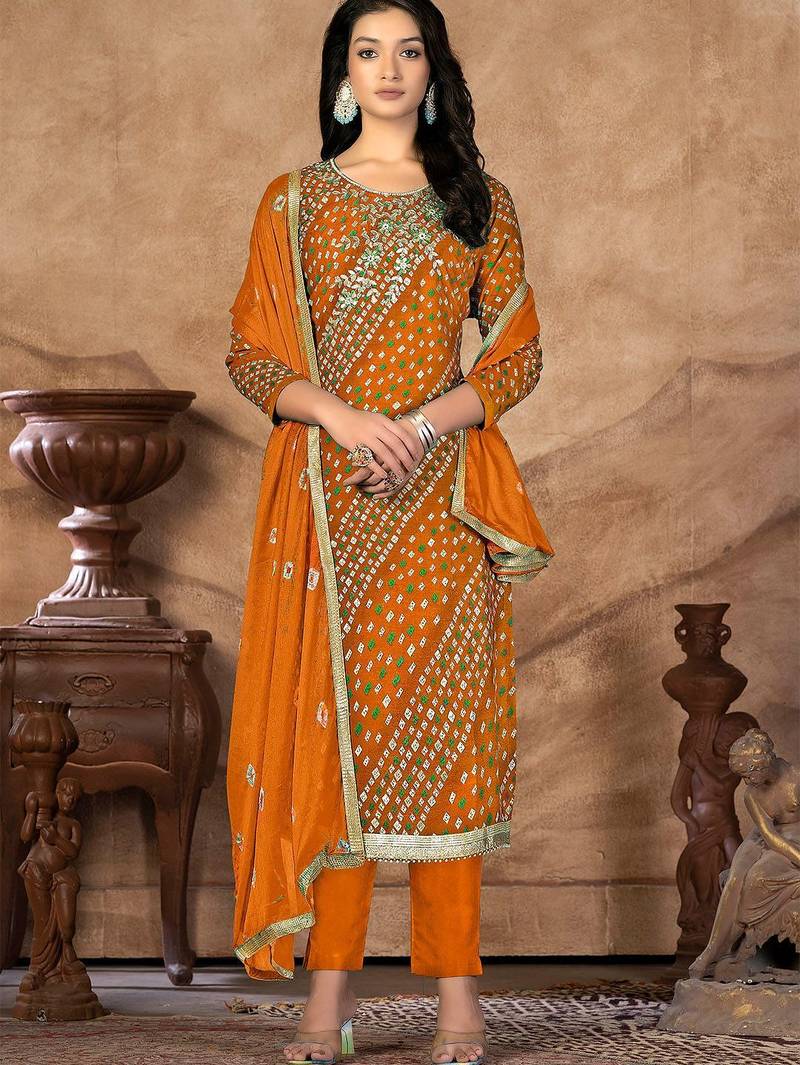 bandhani printed sequinned unstitched dress material