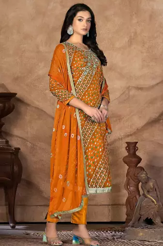 bandhani printed sequinned unstitched dress material