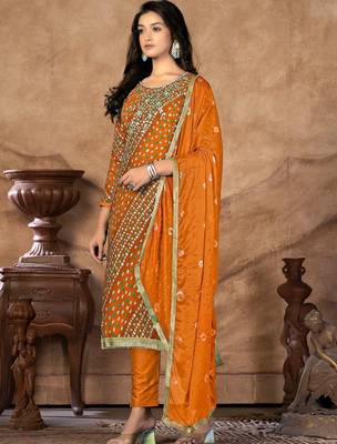 bandhani printed sequinned unstitched dress material 4