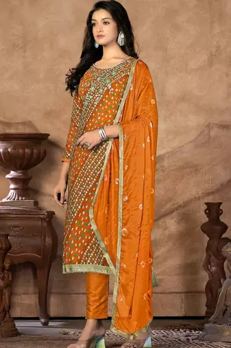 bandhani printed sequinned unstitched dress material