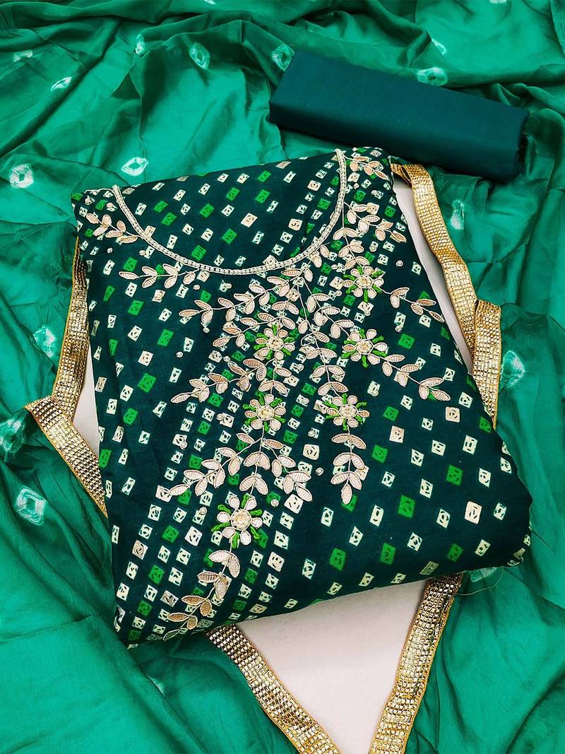 green embellished unstitched dress material