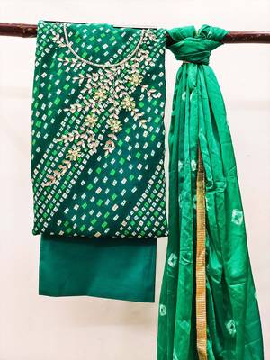green embellished unstitched dress material 5