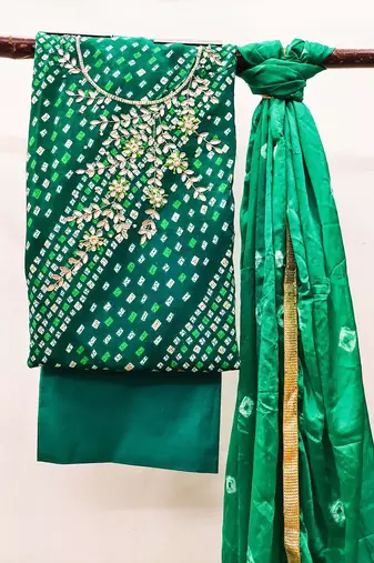 green embellished unstitched dress material